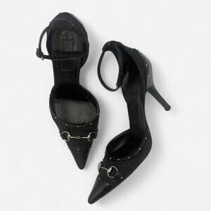 Vintage Gucci Monogram Horse bit Heels with Black Leather Cap Toe and Studs